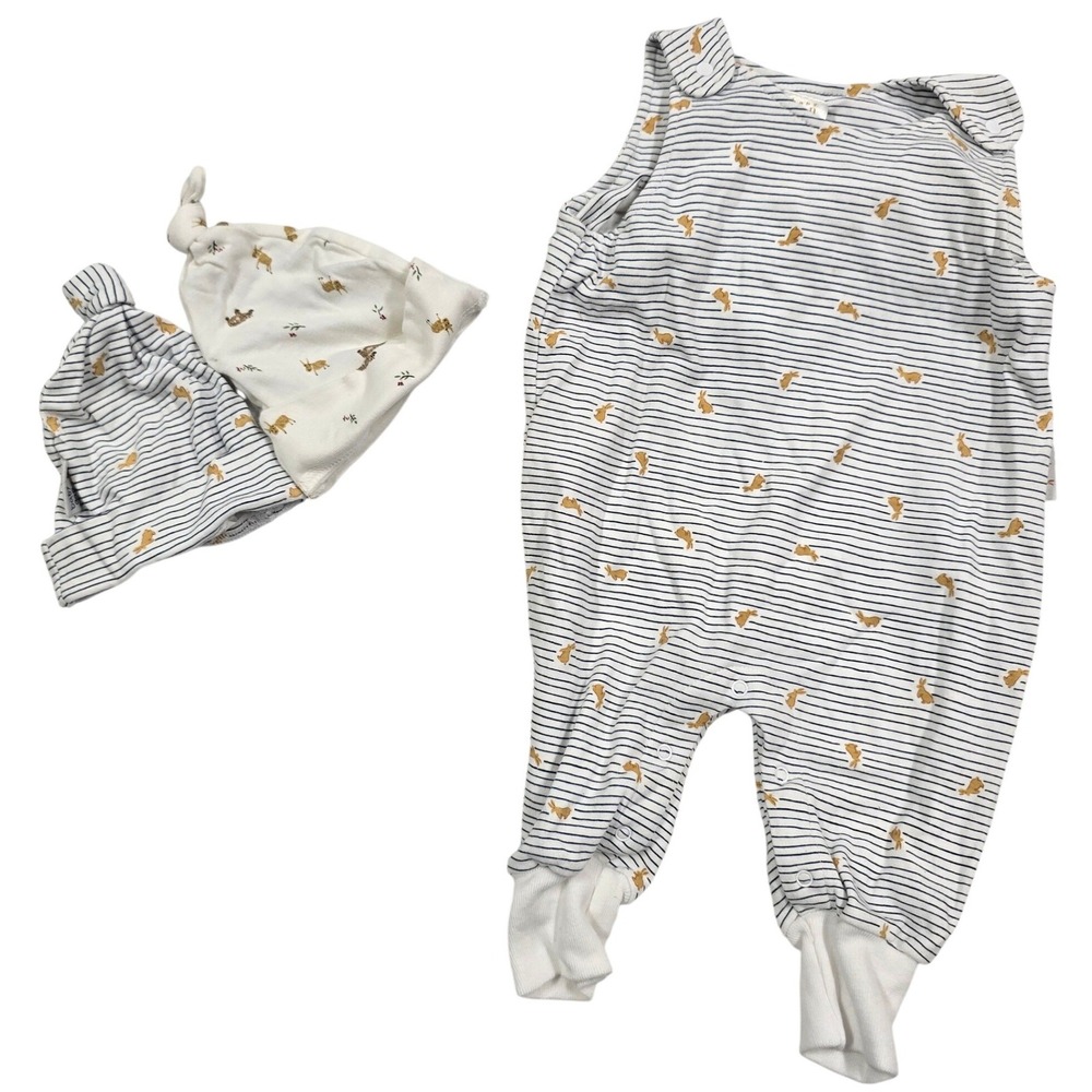 Baby Gap Newborn Clothes Striped Bunny Overalls Romper Beanie Hat Set 0-3 VTG